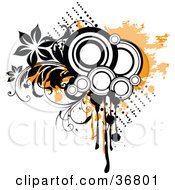 Clipart Illustration of a Black And White Circles, Orange Grunge, Splatters And Flowering Vines by OnFocusMedia #COLLC36801-0049