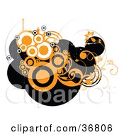 Clipart Illustration Of A Cluster Of Black Silhouetted Circles Behind Orange And White Circles With Vines