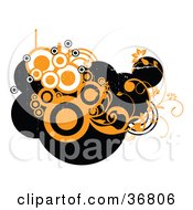 Poster, Art Print Of Cluster Of Black Silhouetted Circles Behind Orange And White Circles With Vines