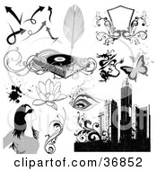 Poster, Art Print Of Arrows Feathers Shields Record Player Dragon Butterflies Eyes Lotus Flowers Splatters Woman Vines And Skyscrapers