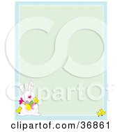 Poster, Art Print Of Cute White Easter Bunny With Chicks And Eggs On A Green And Blue Stationery Background
