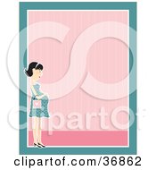 Poster, Art Print Of Gentle Pregnant Woman In A Dress Caressing Her Belly On A Pink And Blue Stationery Background