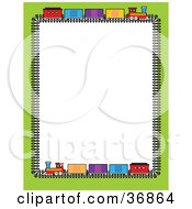 Poster, Art Print Of Green Border With Colorful Train Box Cars On A Track Bordering A White Background