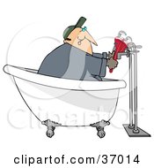 Poster, Art Print Of Male Plumber In A Claw Foot Tub Installing Pipes