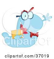 Poster, Art Print Of Waving Blue Worm Student Carrying A Book