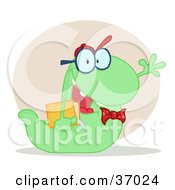 Poster, Art Print Of Friendly Green School Worm Student Waving And Carrying A Book With A Beige Circle And Shadow