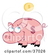Poster, Art Print Of Jolly Pink Piggy Bank Watching A Coin Fall Into The Slot