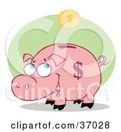 Clipart Illustration Of A Pink Piggy Bank Watching A Golden Coin Fall Into The Slot