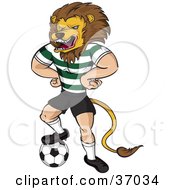 Lion Mascot In Uniform Standing With His Hands On His Hips And One Foot On A Soccer Ball