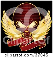 Poster, Art Print Of Red Skull With Golden Wings And A Blank Red Banner On A Black Background With Blood Splatters