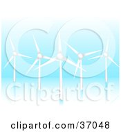 Clipart Illustration Of Five Wind Turbines Spinning And Generating Energy On A Blue Reflective Background by elaineitalia