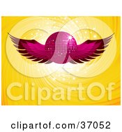 Clipart Illustration Of A Pink Winged Disco Party Ball Over A Sparkling And Swirling Yellow Background