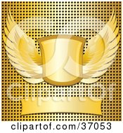Poster, Art Print Of Blank Banner With A Winged Shield Over A Gold Metal Grid Background