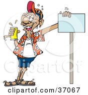 Poster, Art Print Of Drunk Man Holding A Can Of Beer And Leaning Against A Blank Sign