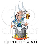 Clipart Illustration Of A Happy Shrimp Toasting With Beer While Boiling Over A Fire In A Pot by Dennis Holmes Designs #COLLC37081-0087