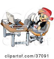 Clipart Illustration Of A Happy Young Man Holding Papers And Coffee Sitting At His Office Desk With His Feet Up by Dennis Holmes Designs