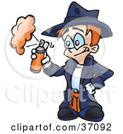 Clipart Illustration Of A Little Boy In A Trench Coat Spraying Hair Spray Or Spray Paint