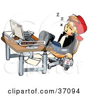 Poster, Art Print Of Tired Young Man With A Cup Of Coffee Sleeping At His Office Desk With His Feet Up