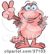 Poster, Art Print Of Peaceful Pink Walking Fish Smiling And Gesturing The Peace Sign