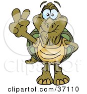 Poster, Art Print Of Peaceful Old Tortoise Smiling And Gesturing The Peace Sign