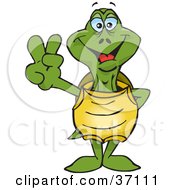 Poster, Art Print Of Peaceful Green Turtle Smiling And Gesturing The Peace Sign