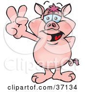 Poster, Art Print Of Peaceful Pig Smiling And Gesturing The Peace Sign