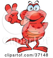 Clipart Illustration Of A Peaceful Red Salamander Smiling And Gesturing The Peace Sign by Dennis Holmes Designs