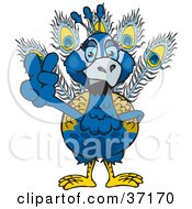 Poster, Art Print Of Peaceful Blue Peacock Smiling And Gesturing The Peace Sign