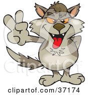 Poster, Art Print Of Peaceful Wolf Smiling And Gesturing The Peace Sign