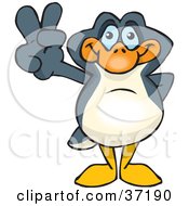 Clipart Illustration Of A Peaceful Penguin Smiling And Gesturing The Peace Sign