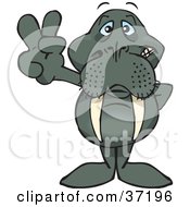 Clipart Illustration Of A Peaceful Walrus Smiling And Gesturing The Peace Sign by Dennis Holmes Designs