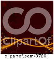 Poster, Art Print Of Waves Of Orange Electrical Lights Over A Deep Red Background With Stars