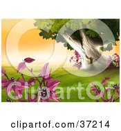 Clipart Illustration Of Plants With Purple Berries Framing A Scene Of Green Pastures With A Large Old Tree Against A Sunrise Sky