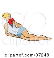 Clipart Illustration Of A Pretty Blond Woman Laying On Her Side And Looking Over A Book