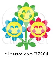 Three Green Blue And Red Happy Flowers With Yellow Centers