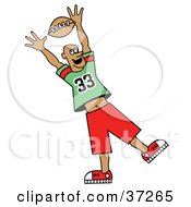 Clipart Illustration Of A Football Player Reaching Up To Grab The Ball