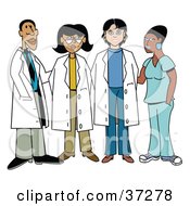 Poster, Art Print Of One Black Male Doctor With Three Hispanic Caucasian And Black Female Doctors