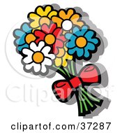 Poster, Art Print Of Bouquet Of Yellow Blue Red And Orange Flowers Tied With A Red Bow