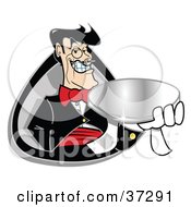 Clipart Illustration Of A Friendly Male Butler Smiling While Holding Out A Platter