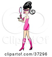 Clipart Illustration Of A Pretty Go Go Girl In Pink Looking At Herself In A Mirror
