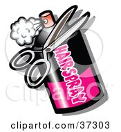 Clipart Illustration Of A Pair Of Scissors By A Bottle Of Hair Spray