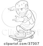 Poster, Art Print Of Black And White Outline Of A Boy Wearing Safety Pads And A Helmet While Skateboarding
