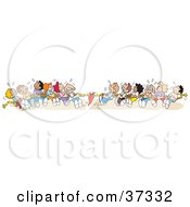 Clipart Illustration Of A Group Of Sweaty Kids Pulling With All Of Their Might During A Game Of Tug Of War