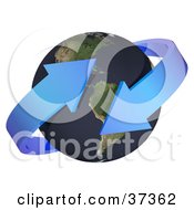Clipart Illustration Of Two Blue Arrows Circling Planet Earth With The Americas Featured