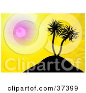 Poster, Art Print Of Palm Trees On A Hill Silhouetted Against A Yellow Sunset