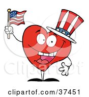 Poster, Art Print Of Happy Red Heart Character In A Patriotic Hat Waving An American Flag