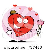 Clipart Illustration Of A Romantic Red Heart Man Holding Three Pink Roses
