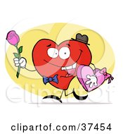 Poster, Art Print Of Red Heart Man Carrying A Box Of Valentines Day Chocolate And A Pink Rose