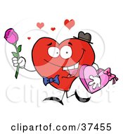 Poster, Art Print Of Sweet Red Heart Man Carrying Chocolates And A Rose On Valentines Day