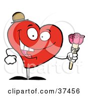 Poster, Art Print Of Happy Red Heart Man In A Hat Holding Three Pink Roses